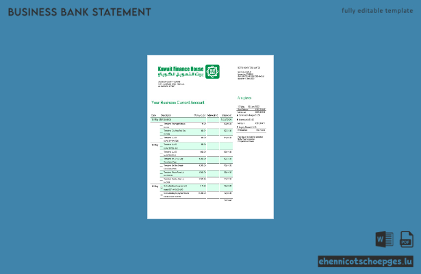 Kuwait Finance House Bank Firmenkontoauszug (Word- und PDF-Beispiel)